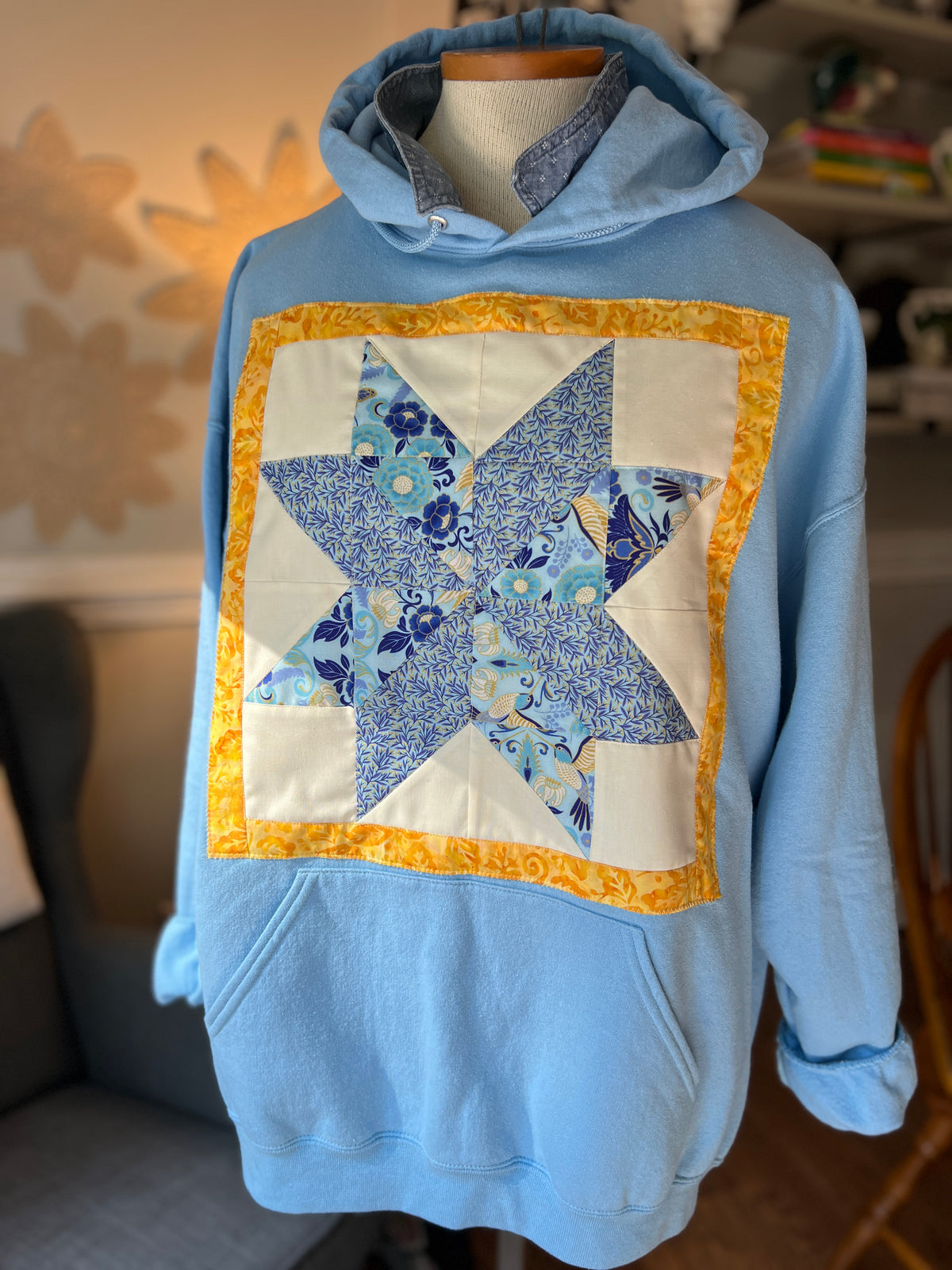 Light Blue Quilted Lemon Star Block Hoodie