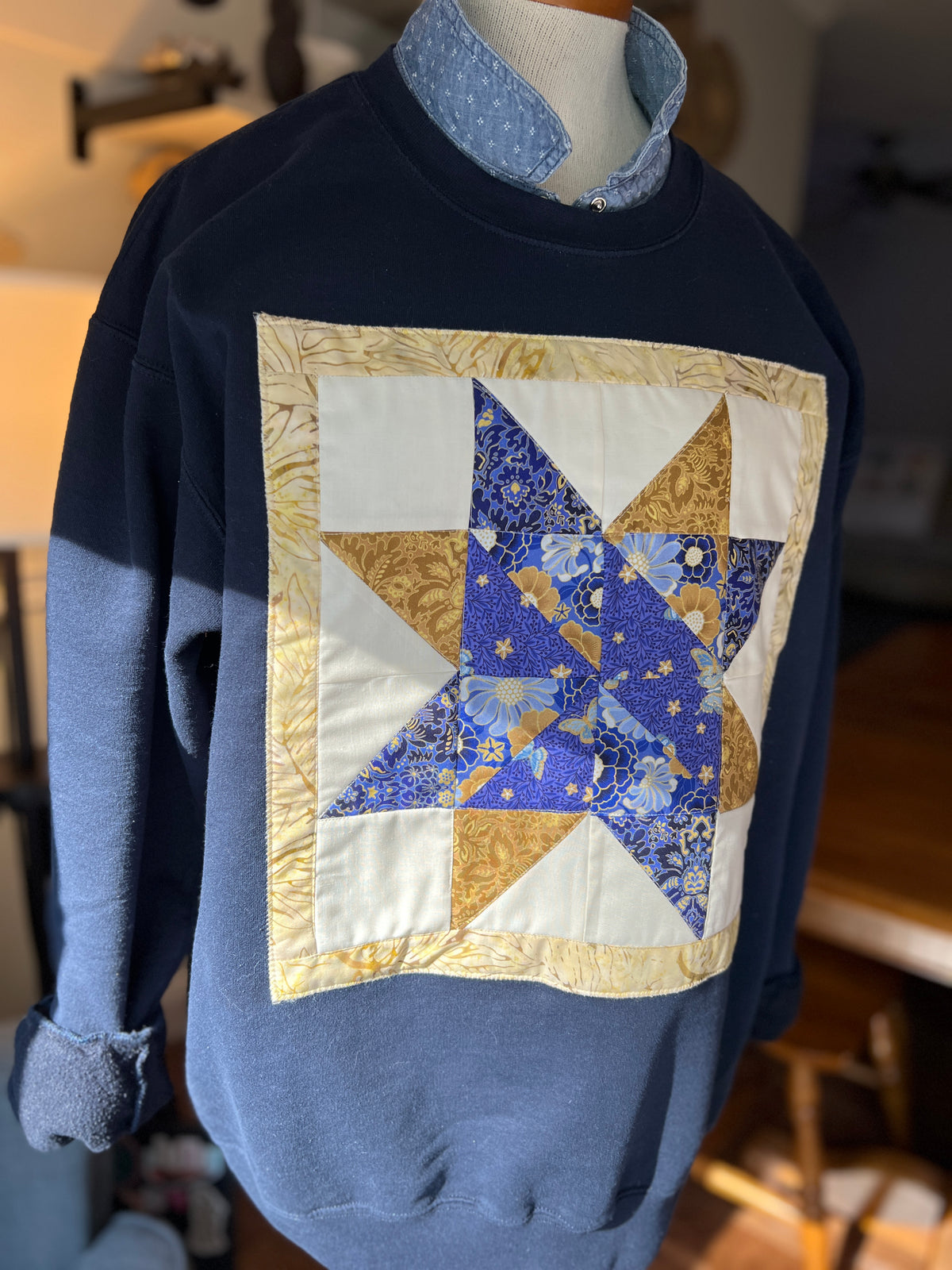 Navy Blue Quilt Block Lemon Star Sweatshirt