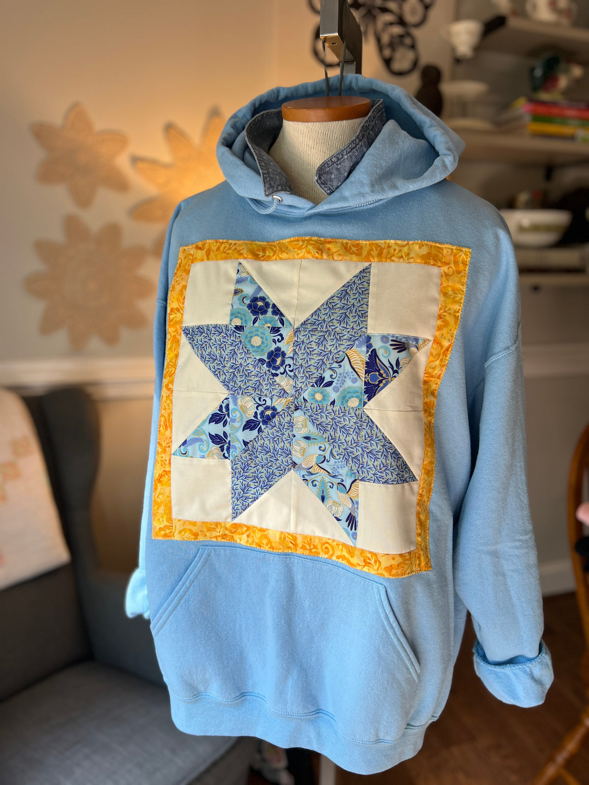 Light Blue Quilted Lemon Star Block Hoodie