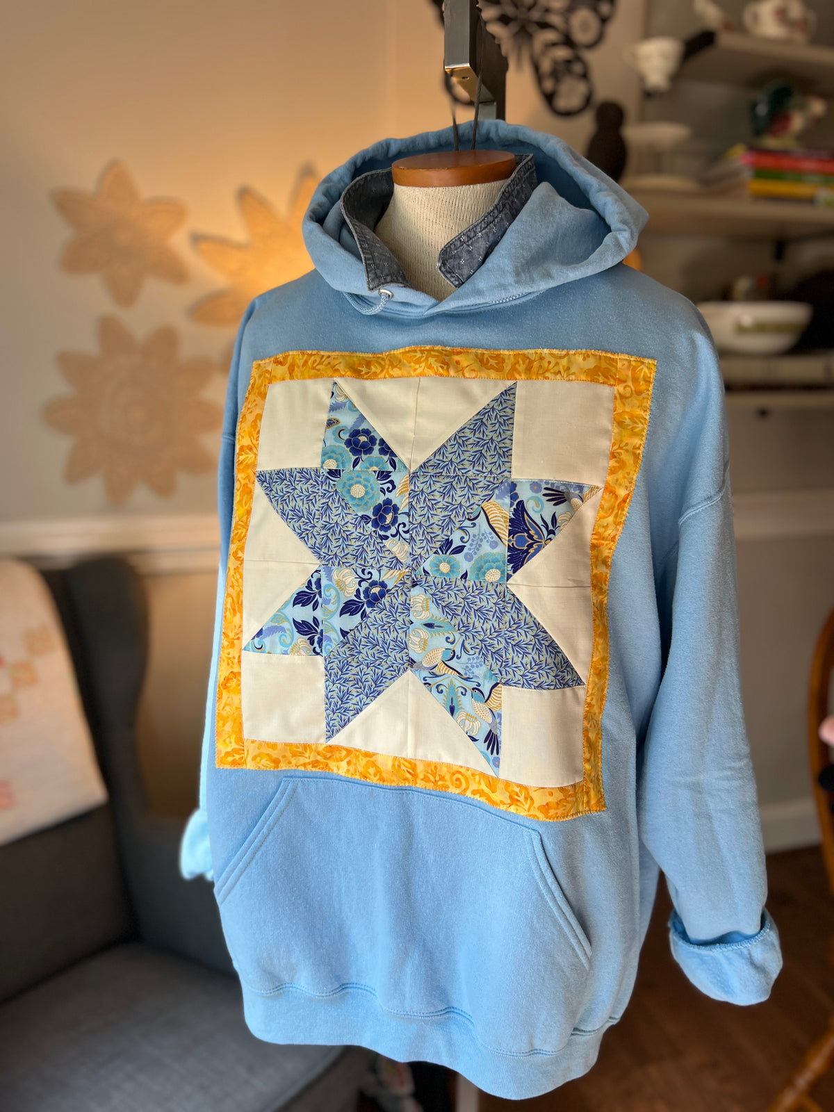 Light Blue Quilted Lemon Star Block Hoodie