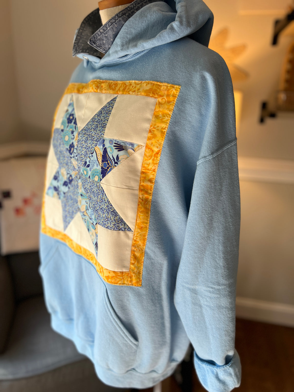 Light Blue Quilted Lemon Star Block Hoodie