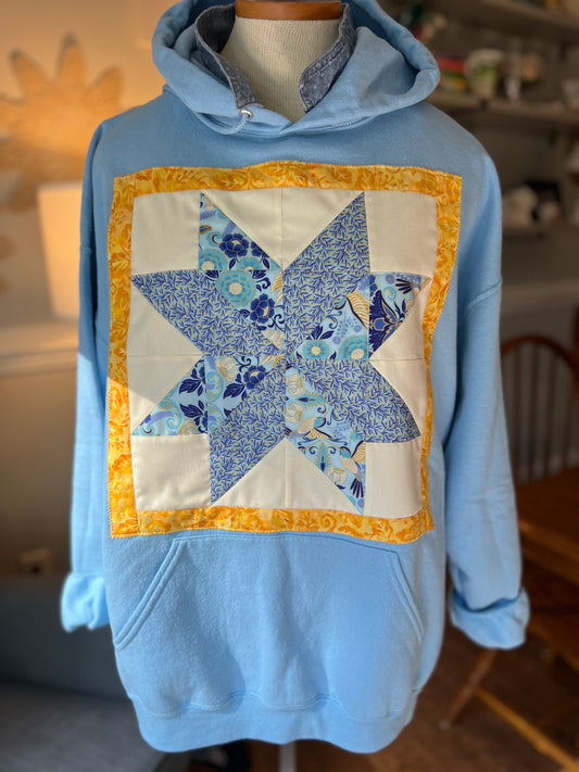 Light Blue Quilted Lemon Star Block Hoodie
