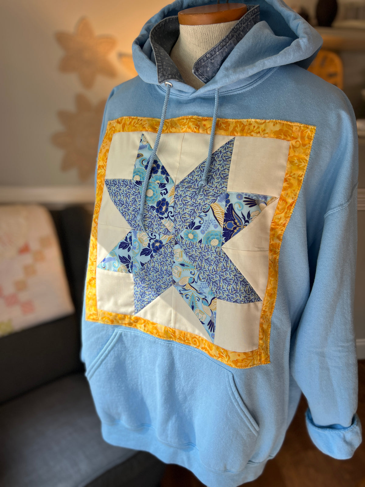 Light Blue Quilted Lemon Star Block Hoodie