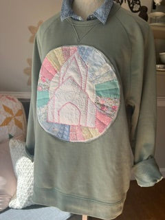 Going to Church Teal Sweatshirt Vintage Quilt