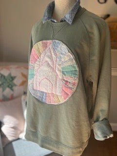Going to Church Teal Sweatshirt Vintage Quilt