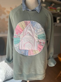 Going to Church Teal Sweatshirt Vintage Quilt