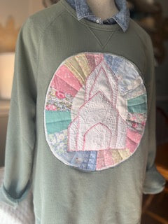 Going to Church Teal Sweatshirt Vintage Quilt