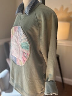 Going to Church Teal Sweatshirt Vintage Quilt