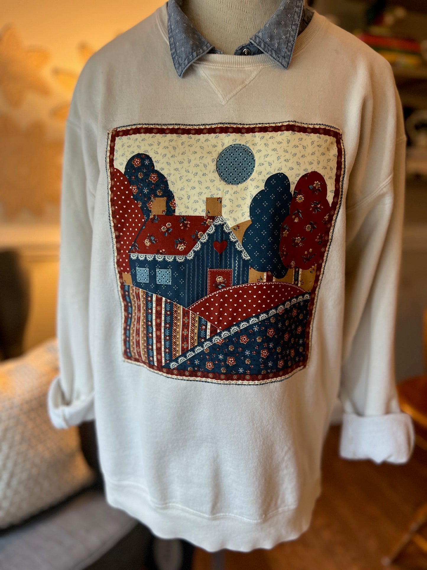 Farm House in Blues and Browns Cream Sweatshirt