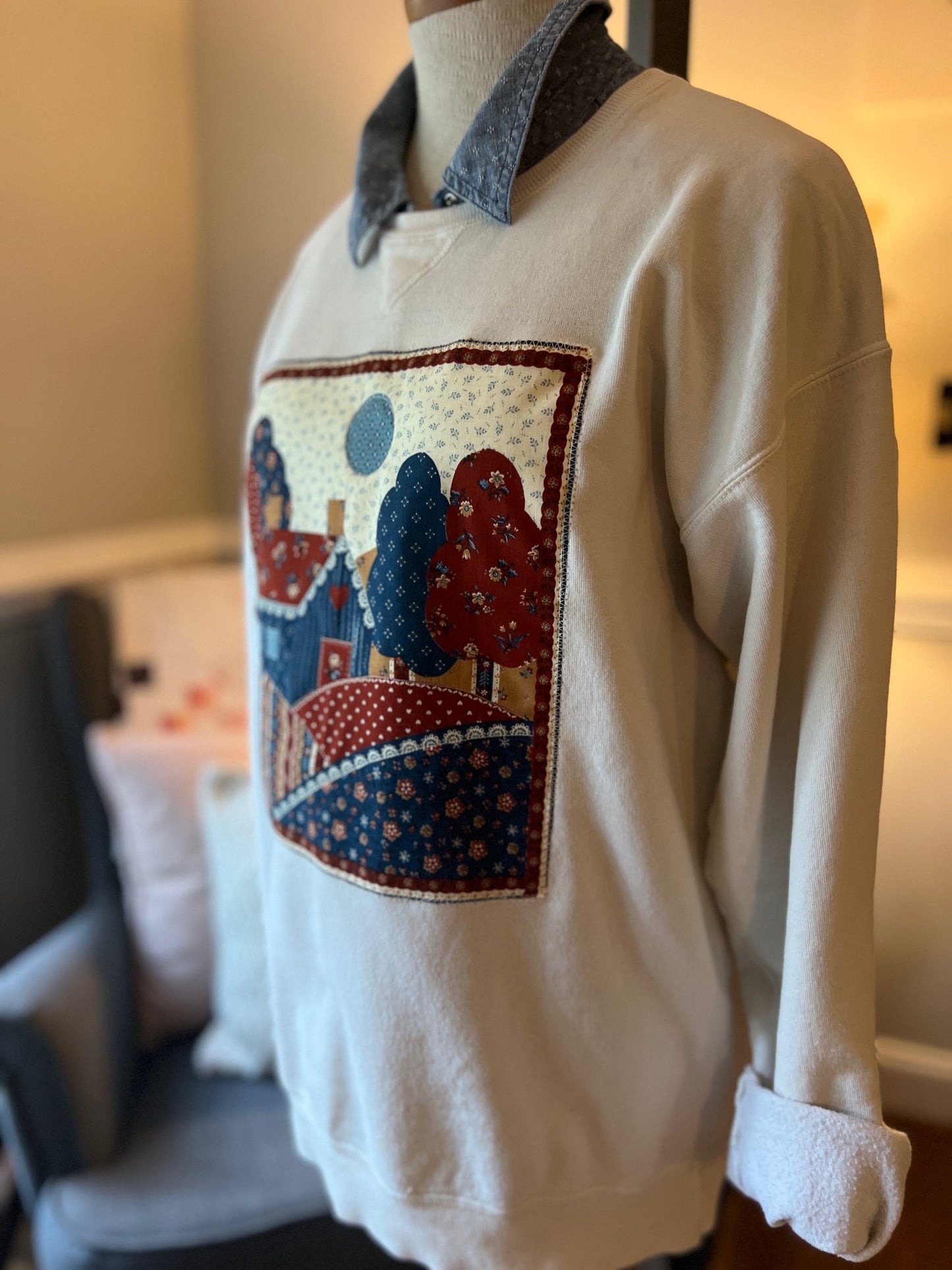 Farm House in Blues and Browns Cream Sweatshirt