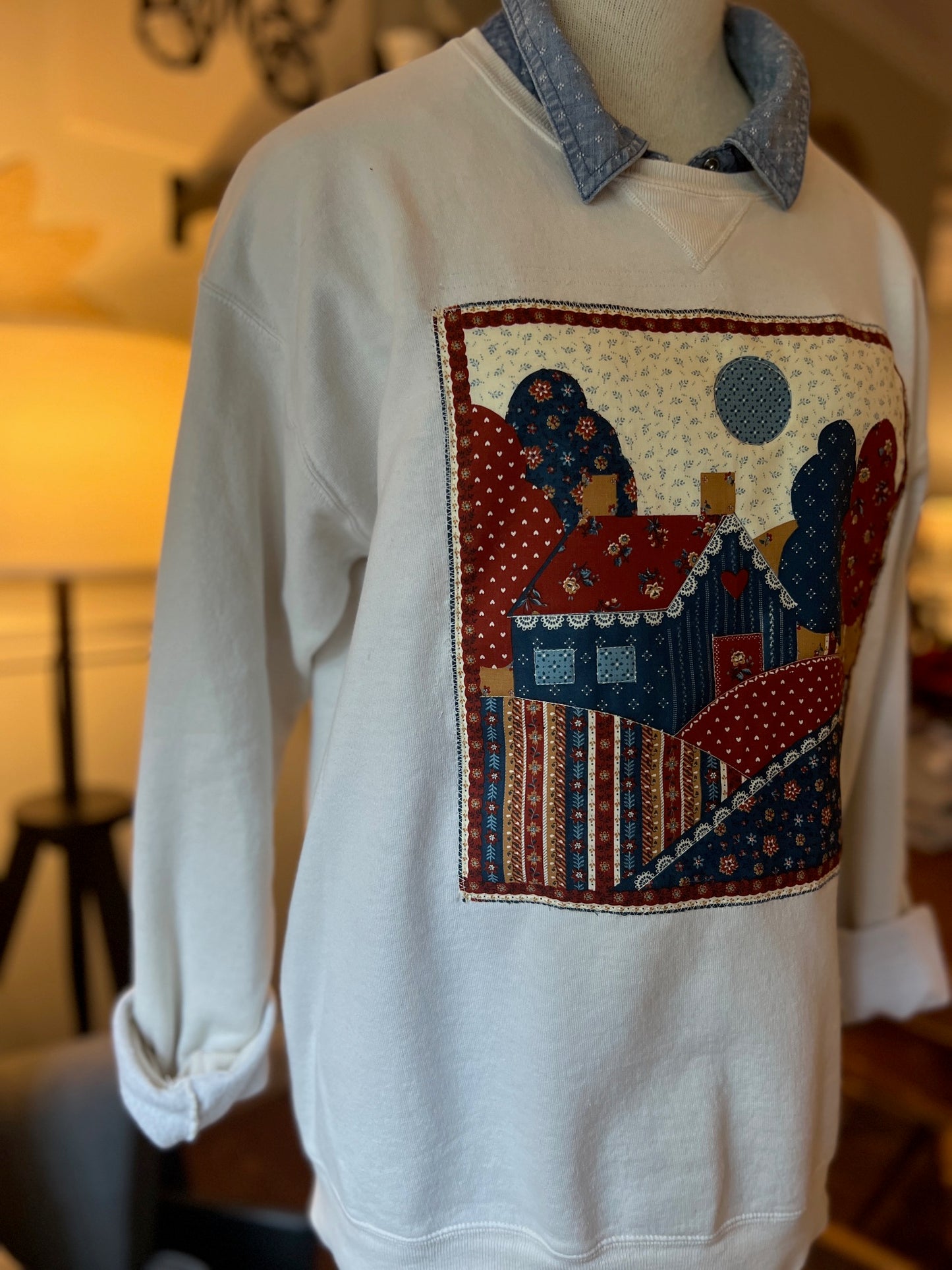 Farm House in Blues and Browns Cream Sweatshirt