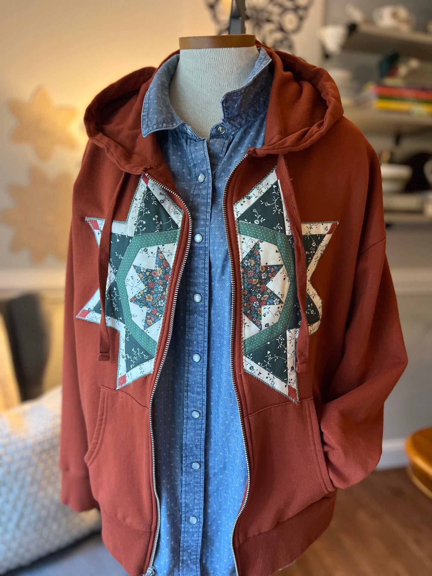 Hooded Zippered Jacket with Quilted Vintage Quilt Star/Block