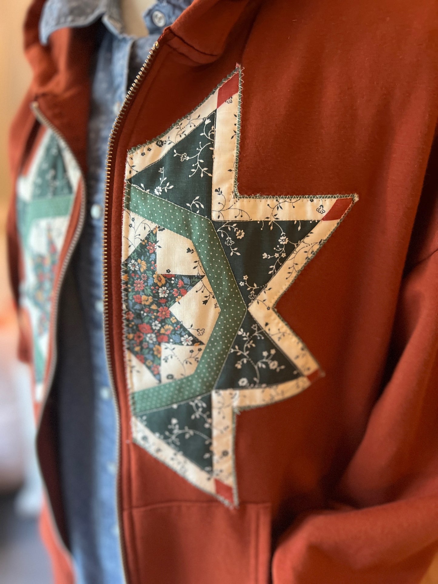 Hooded Zippered Jacket with Quilted Vintage Quilt Star/Block
