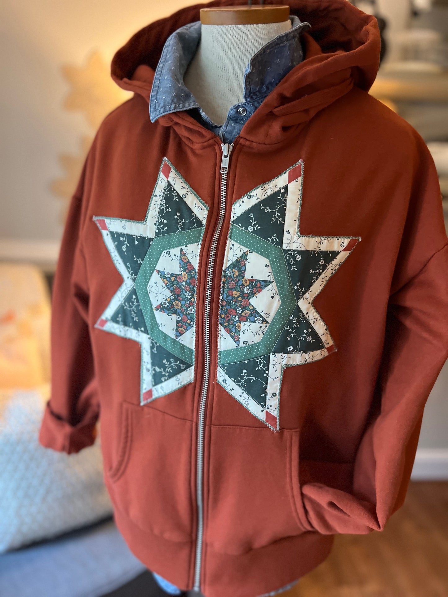 Hooded Zippered Jacket with Quilted Vintage Quilt Star/Block