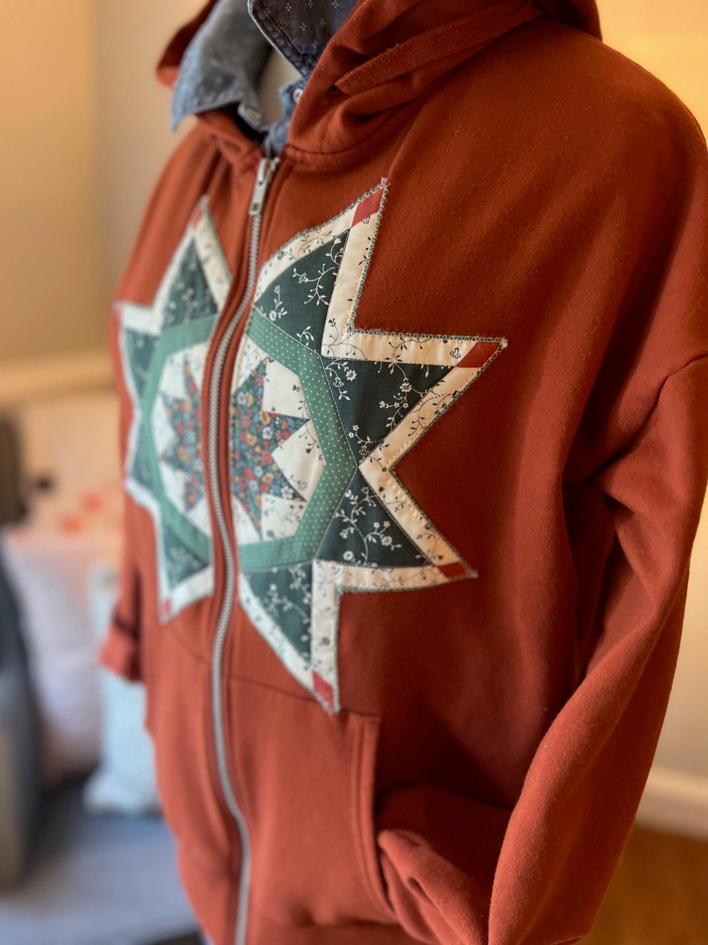 Hooded Zippered Jacket with Quilted Vintage Quilt Star/Block