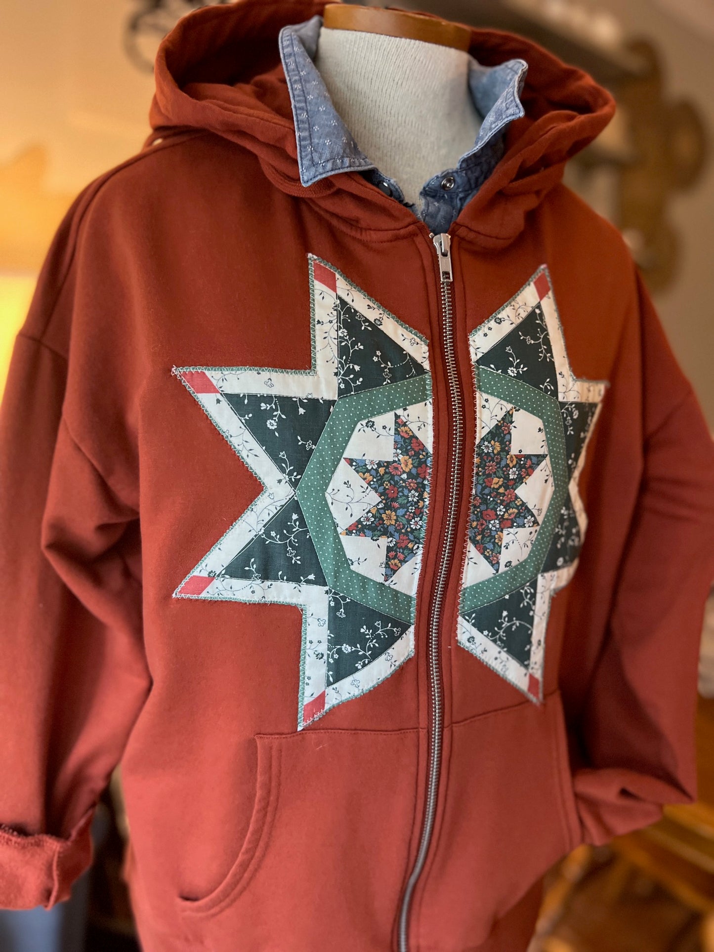 Hooded Zippered Jacket with Quilted Vintage Quilt Star/Block