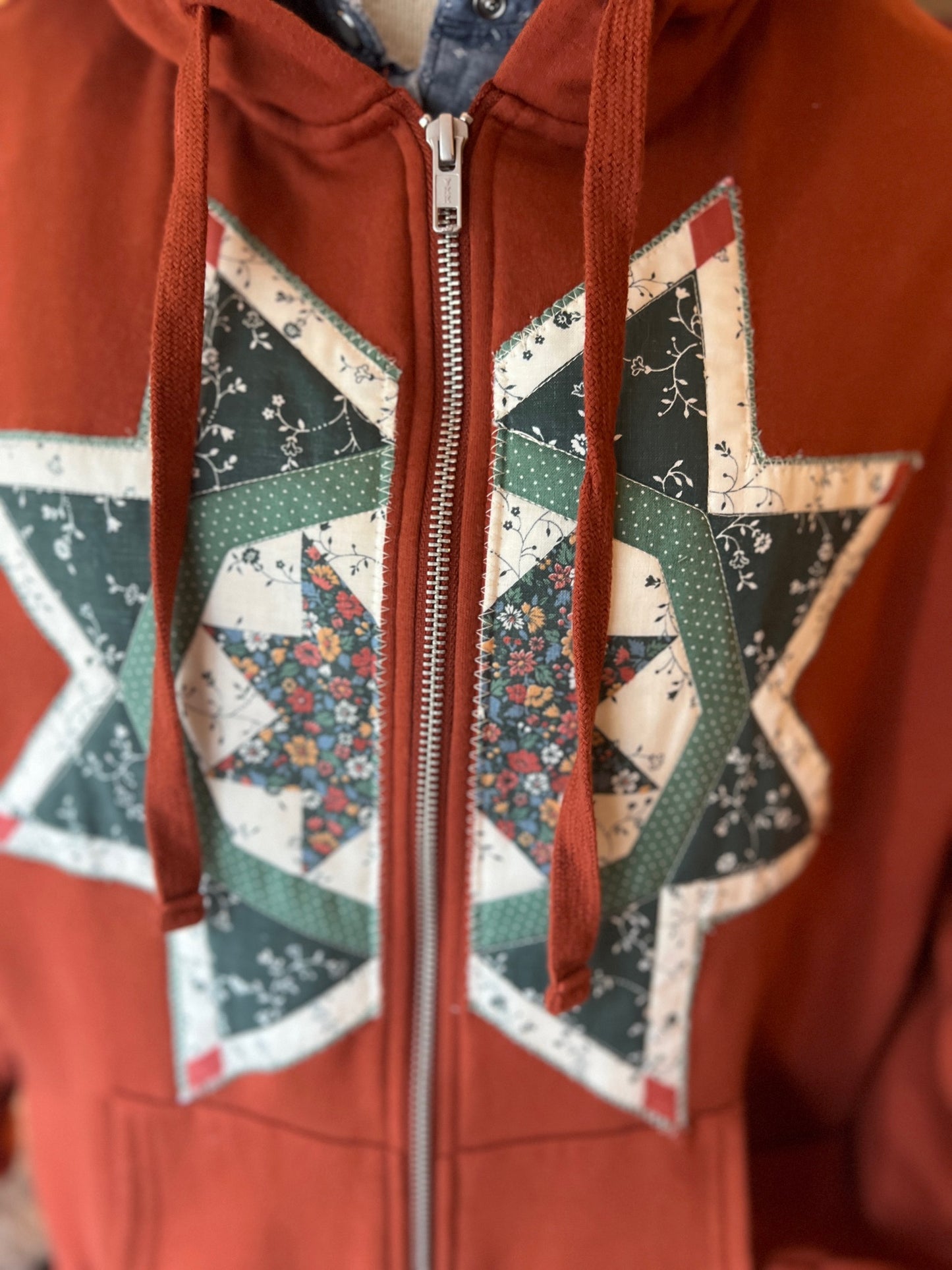 Hooded Zippered Jacket with Quilted Vintage Quilt Star/Block