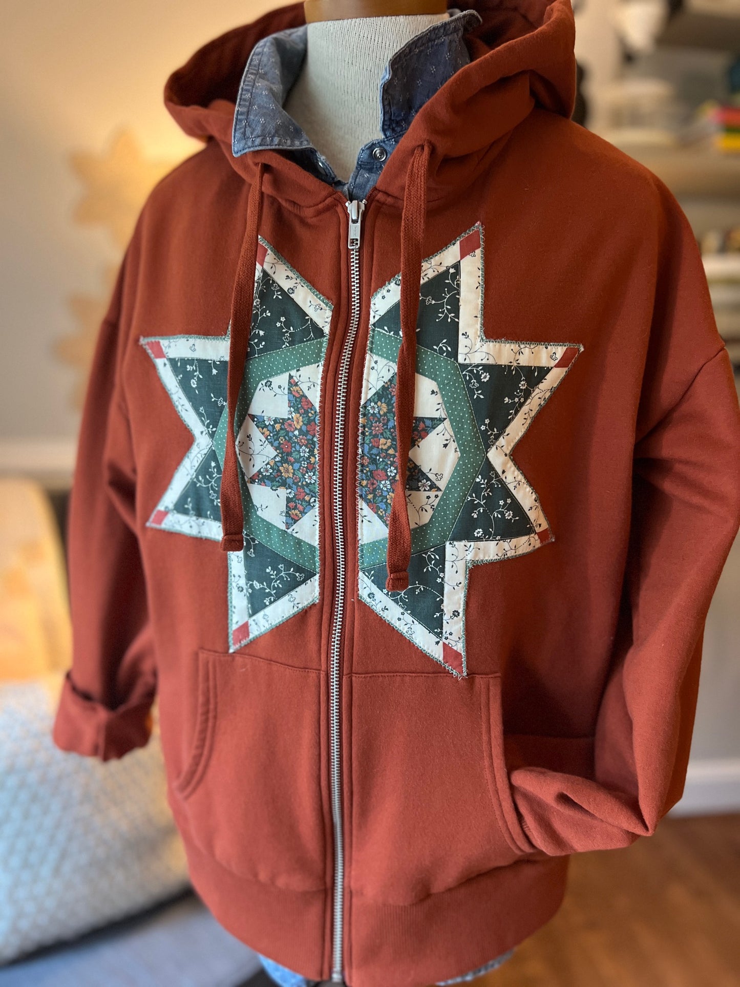 Hooded Zippered Jacket with Quilted Vintage Quilt Star/Block