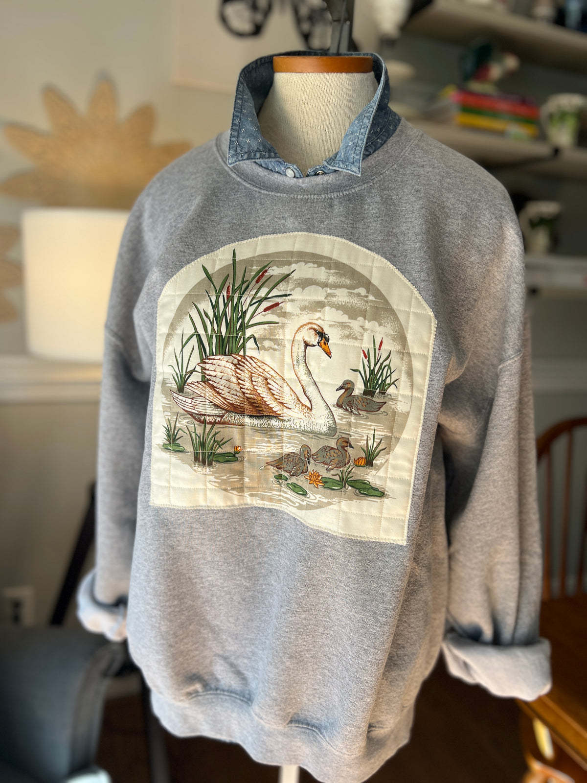 Grey Sweatshirt with Vintage 80's Swan