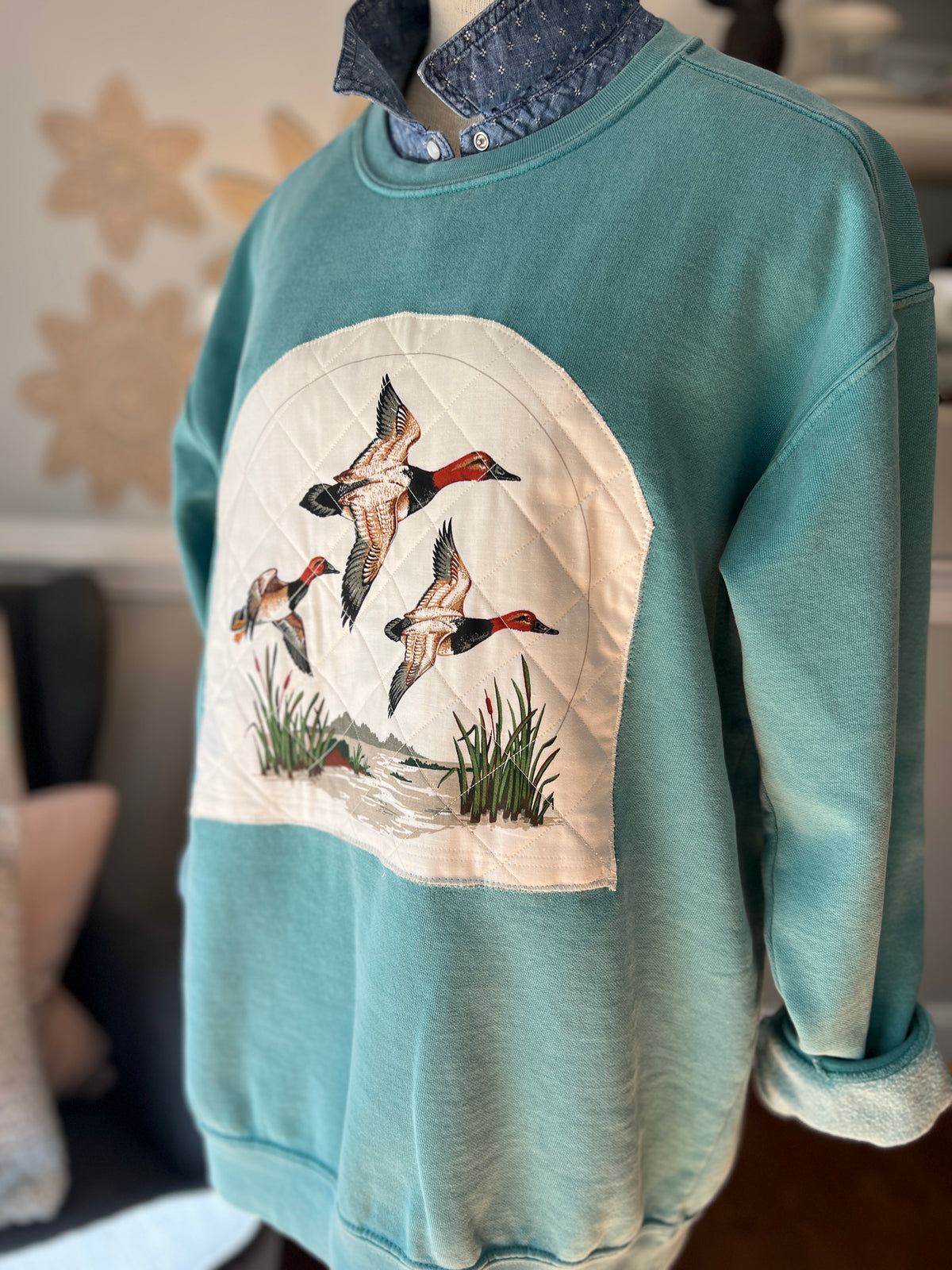 Teal Sweatshirt with Vintage Flying Ducks