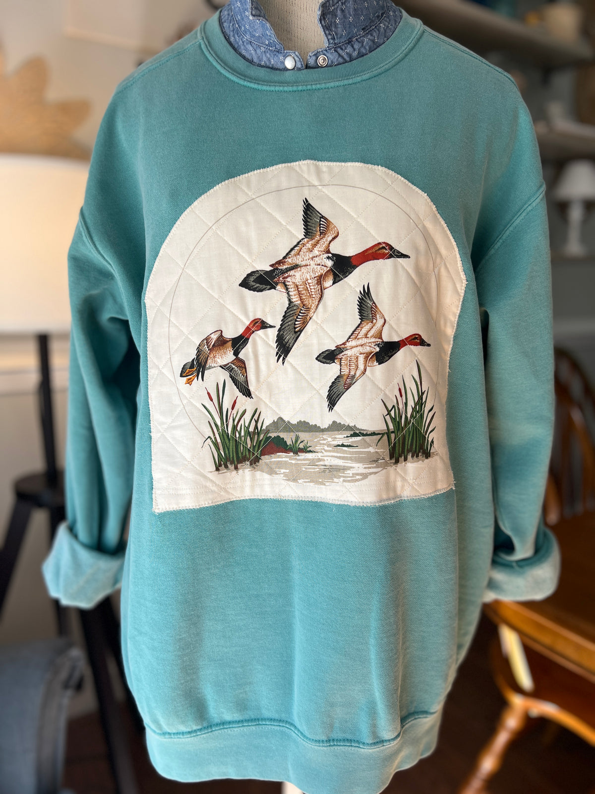 Teal Sweatshirt with Vintage Flying Ducks