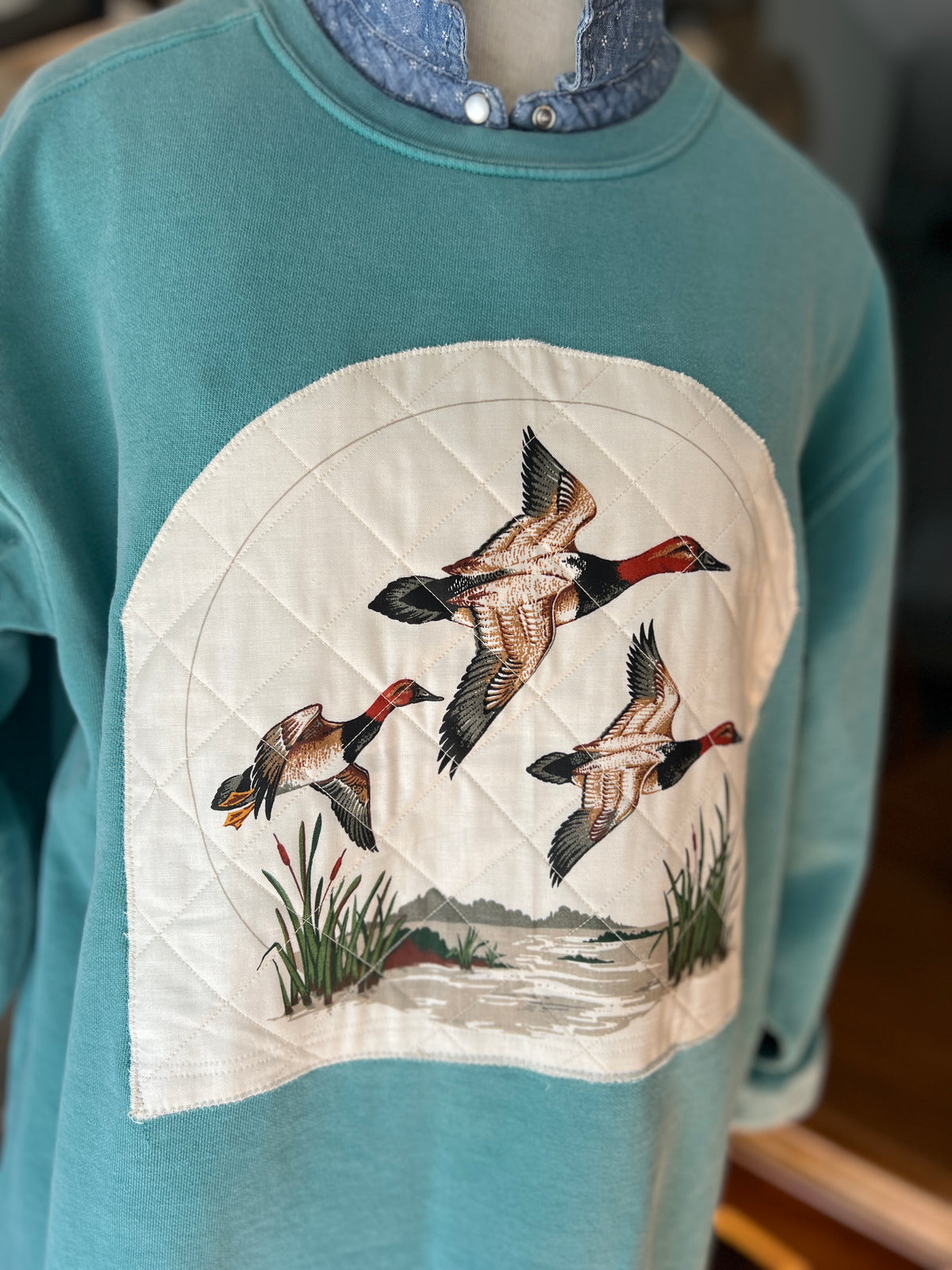 Teal Sweatshirt with Vintage Flying Ducks