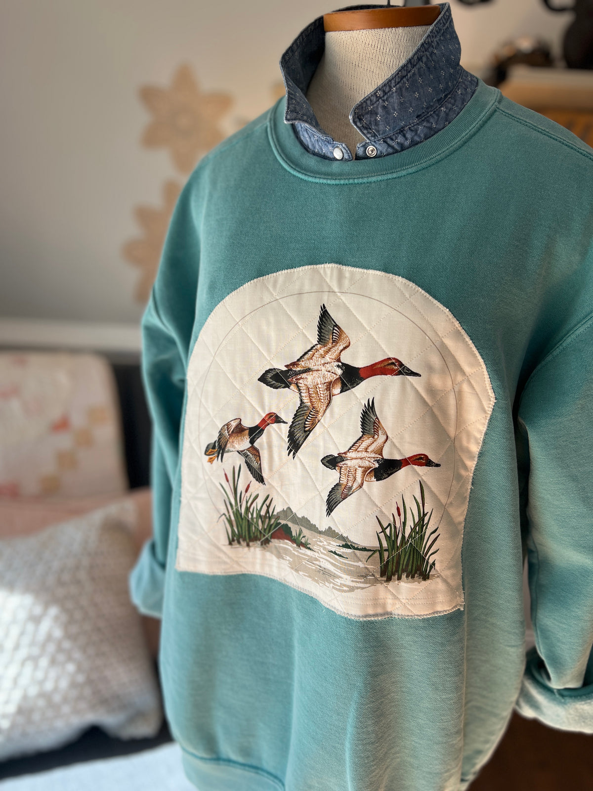 Teal Sweatshirt with Vintage Flying Ducks