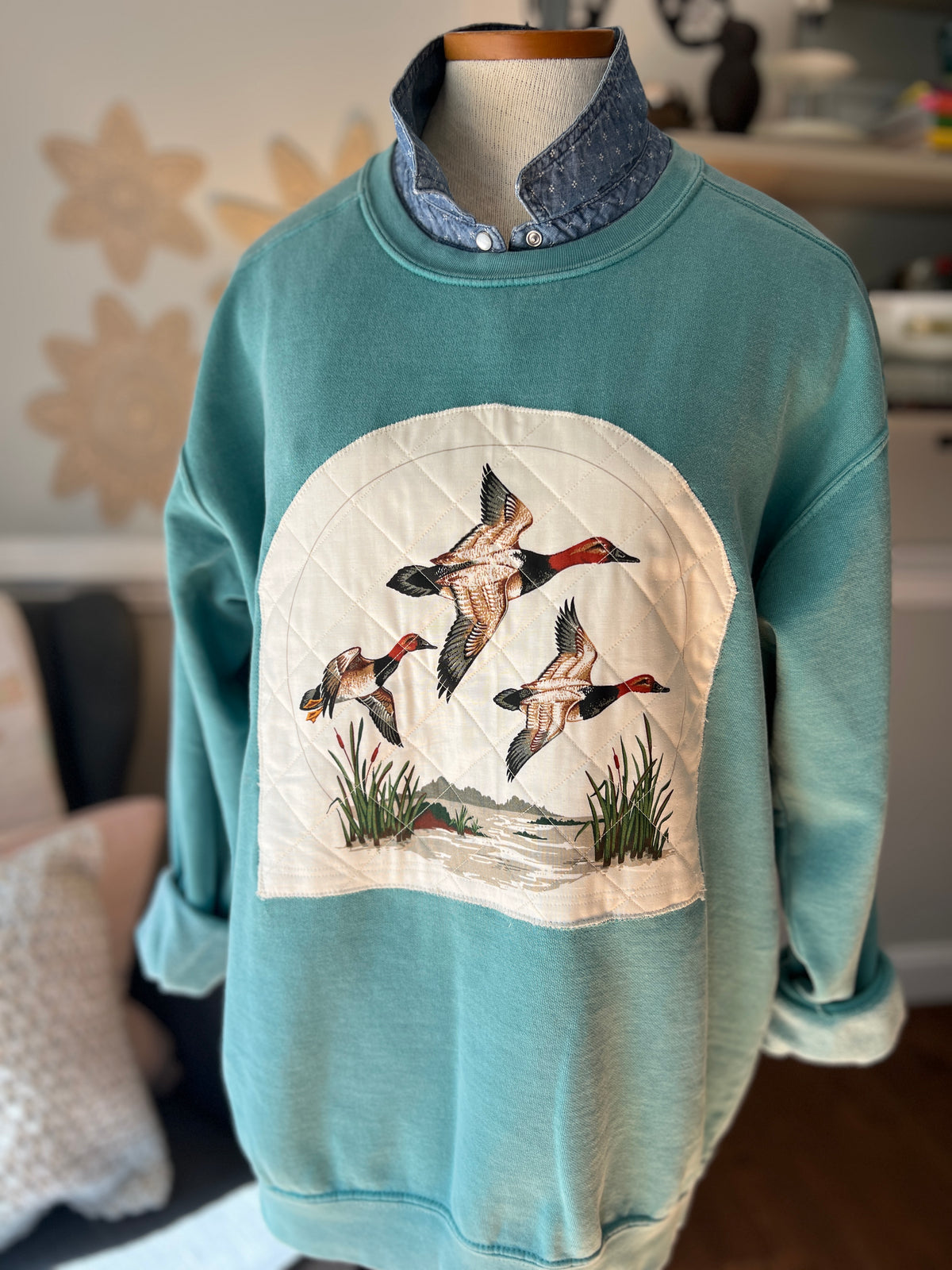 Teal Sweatshirt with Vintage Flying Ducks
